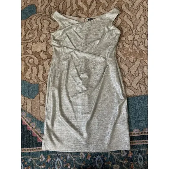 LAUREN RALPH LAUREN Plus Metallic Champagne Faux Wrap Cowl Neck Sheath Dress 16 - Picture 8 of 12